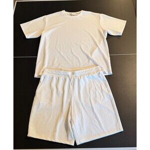 The Lounge Collection Mens 2-Piece Set 2XL White Ribbed Waffle Knit Shirt Shorts